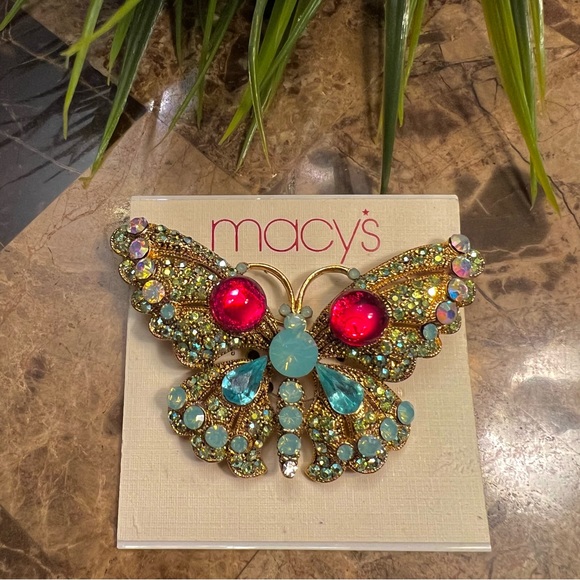 Large Gold Tone Multi Color Crystal Rhinestone Butterfly Brooch Pin - Picture 8 of 8